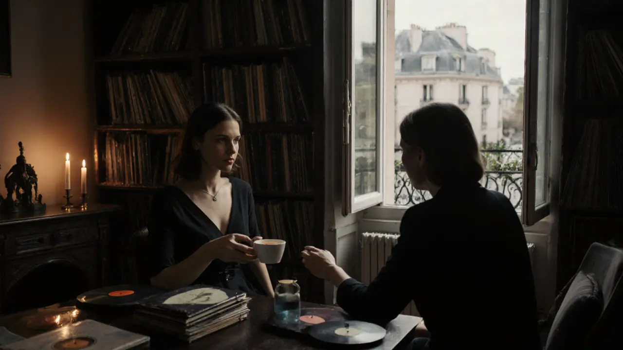 A calm, intimate meeting in a book-filled Paris apartment with candlelight and a view of the gardens.