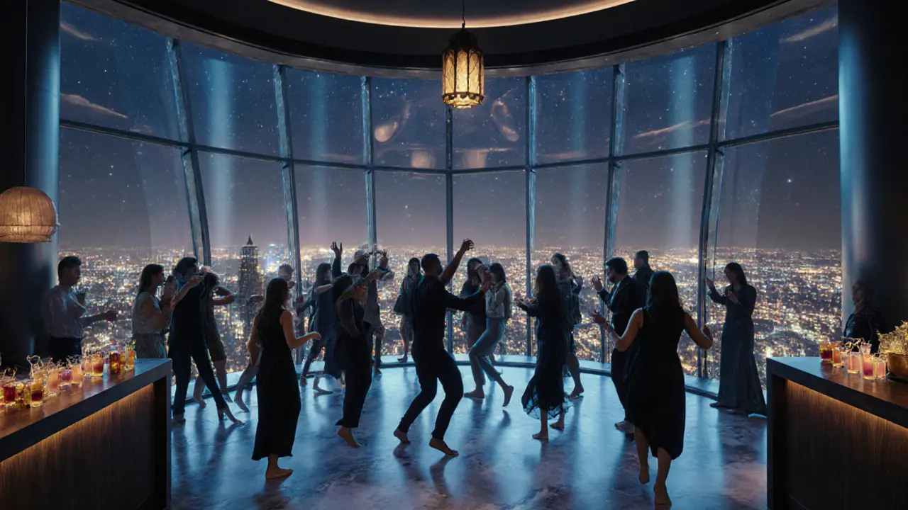 A glowing 73rd-floor bar with 360-degree city views, people dancing barefoot on marble floors under soft blue light.