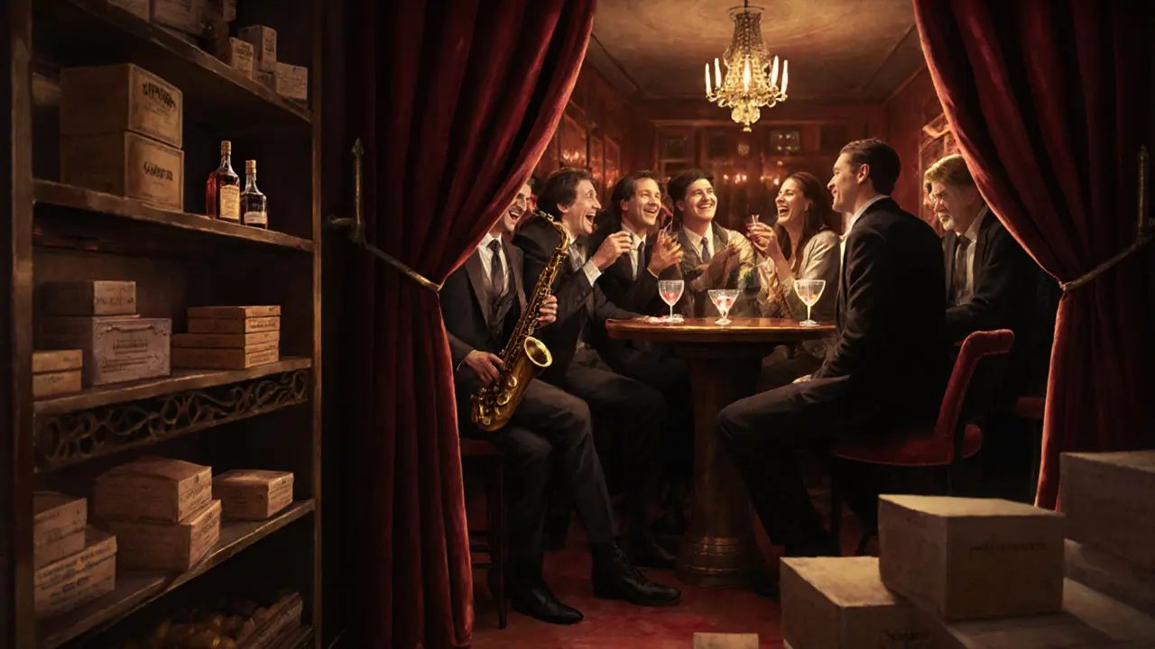 A hidden jazz bar behind a bakery, lit with warm amber glow and velvet booths.