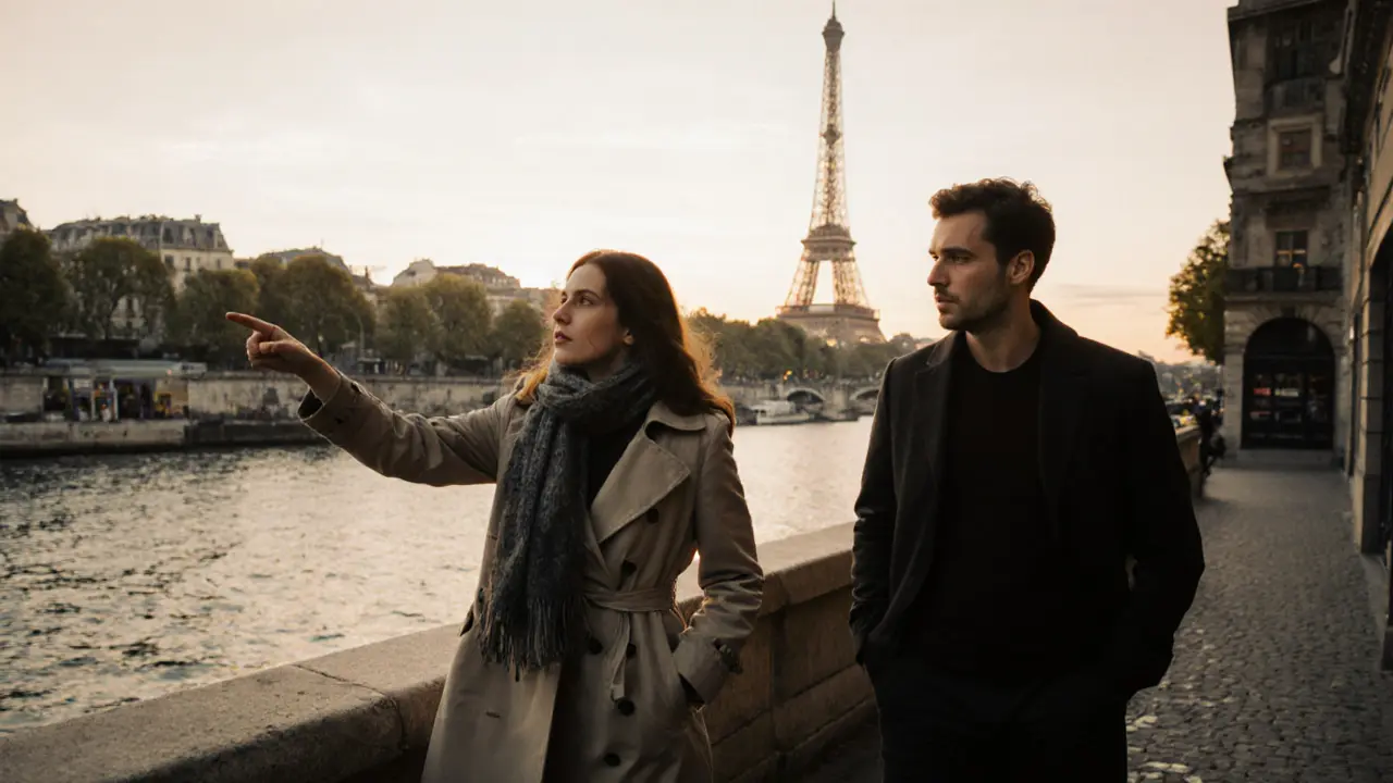 A man and woman walking along the Seine at dusk, pointing out a hidden bookstore in the city.