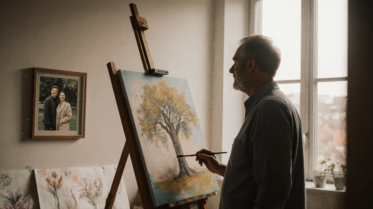 A man paints in a sunlit studio, surrounded by sketches, with a photo of a companion on the wall.