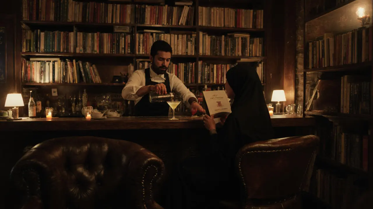 A quiet book-themed bar with leather chairs, shelves of books, and a bartender pouring a martini in warm dim light.
