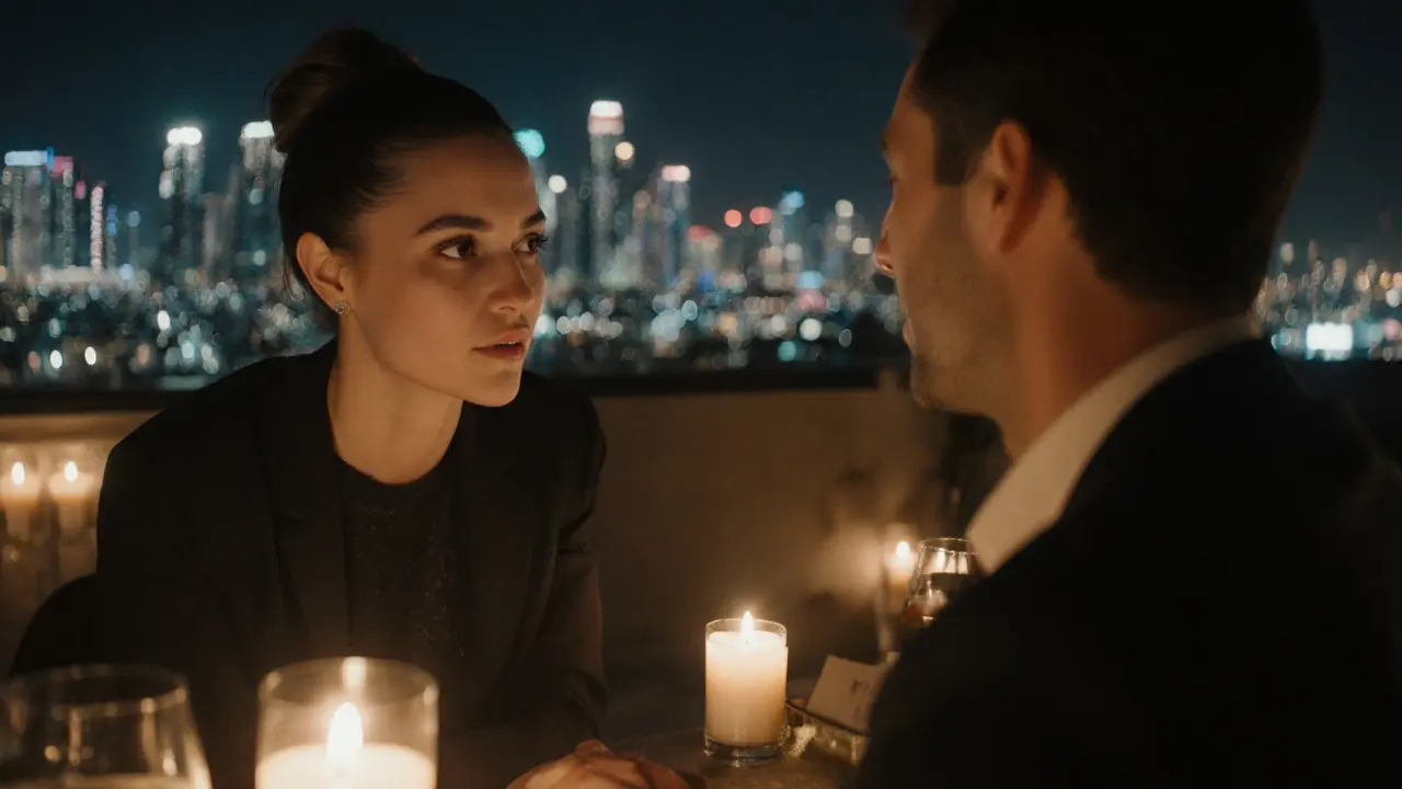 A quiet, intimate conversation between two people on a Dubai rooftop at night.