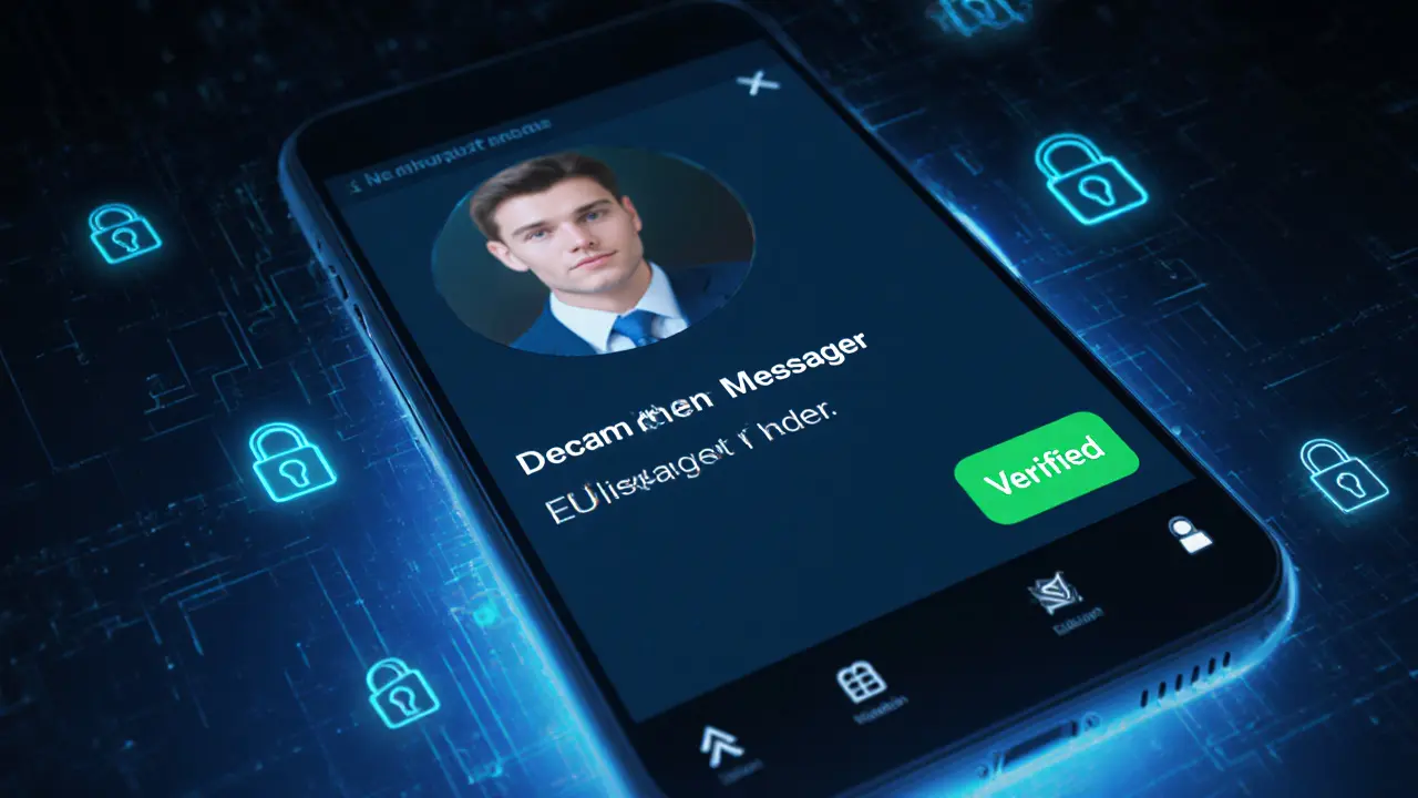 A secure digital profile with verified badge and encrypted messaging interface.