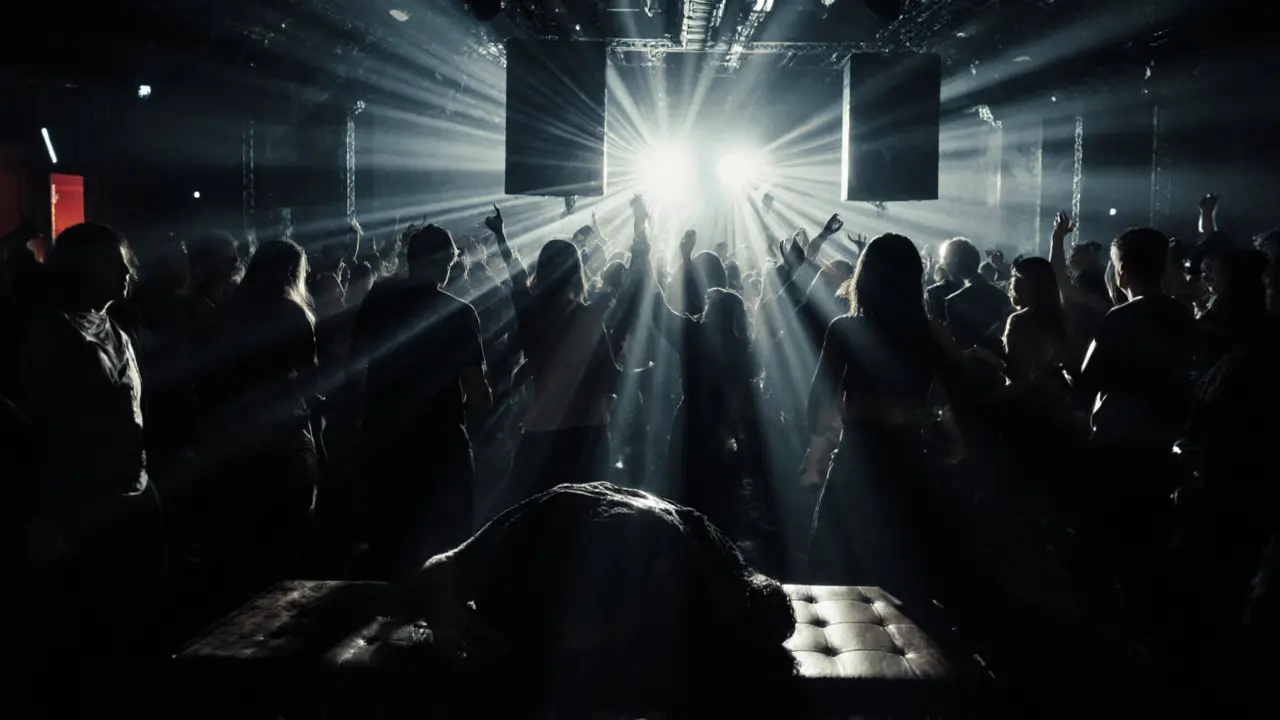 A vibrant underground nightclub at dawn, crowd dancing under pulsing lights.