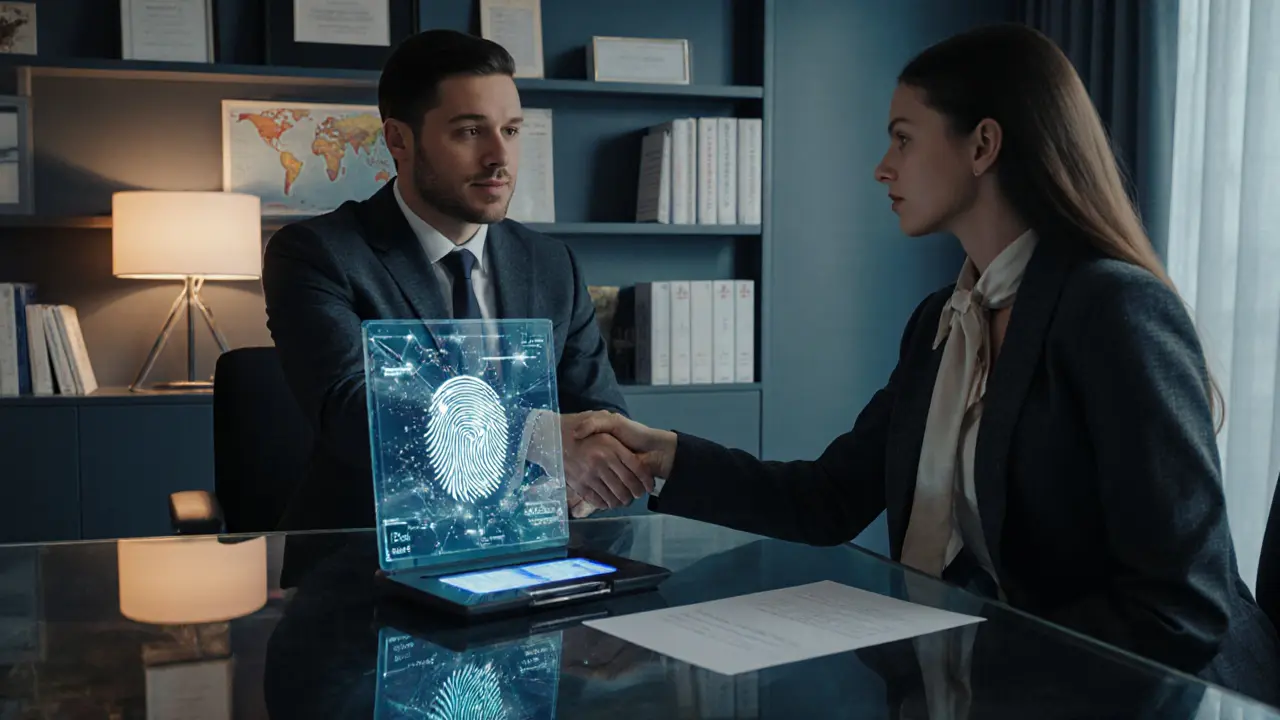 Agency office with biometric scanner and interview of a refined companion.