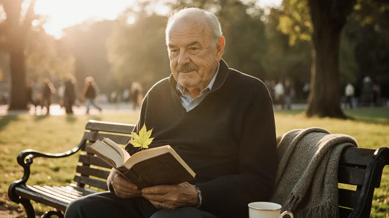 An elderly man sits alone on a park bench, holding a book, a scarf and teacup left beside him.