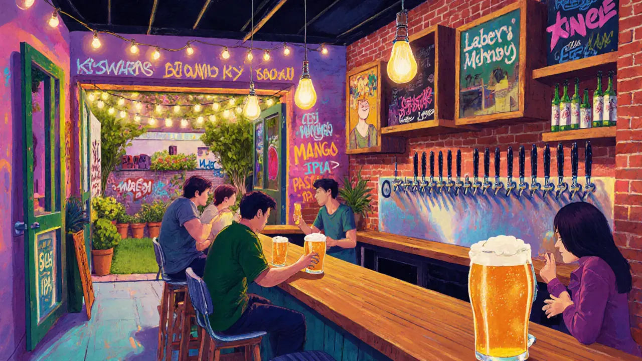 Beavertown Brewery taproom with colorful beers, smoked meats, and a vibrant backyard garden.