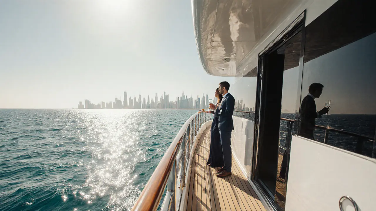 Companion and client enjoying a luxury yacht cruise with city backdrop.