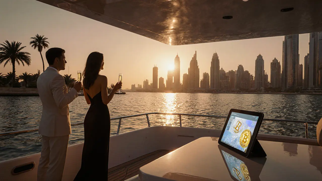 Companion and client enjoying champagne on a private yacht near Palm Jumeirah at sunset, with a crypto wallet displayed.