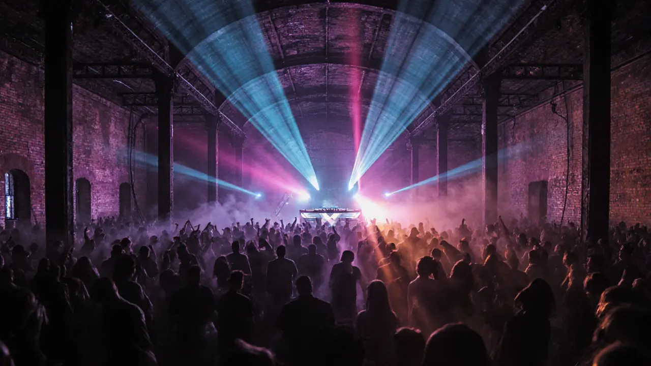 Crowd dancing in an industrial techno club with laser lights.