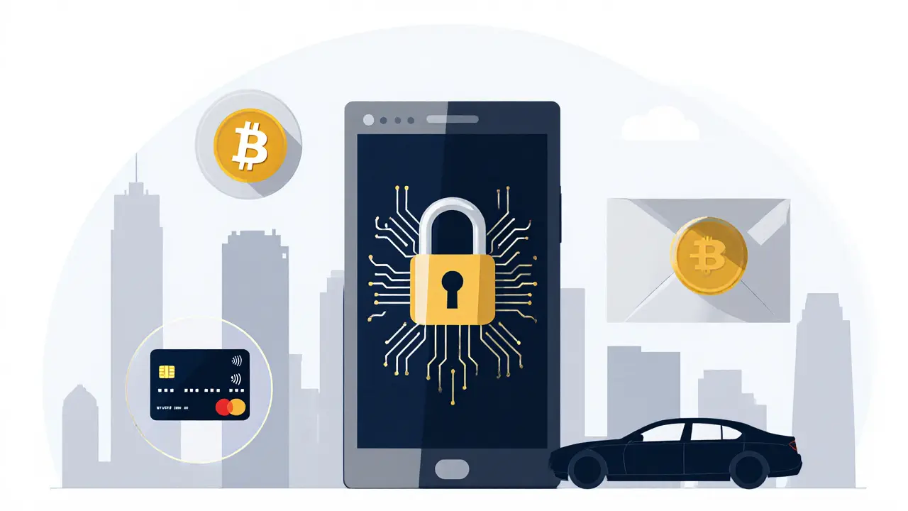 Digital illustration of secure payment icons and encrypted smartphone.