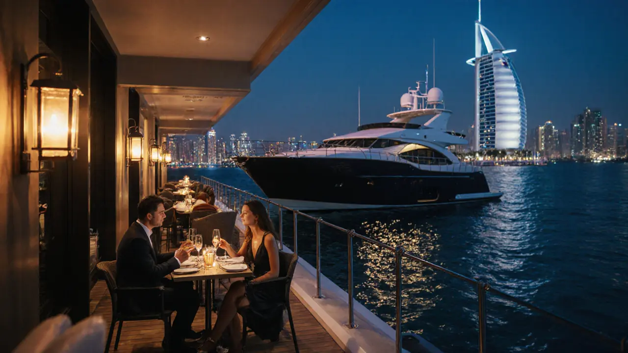 Elegant dinner on a yacht in Dubai Marina with city lights reflected on water.