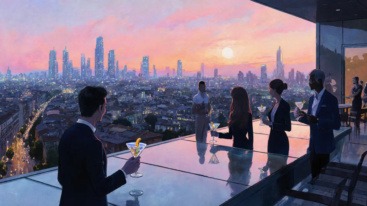 Elegant rooftop terrace on Corso Como with cocktail guests and city skyline at dusk.