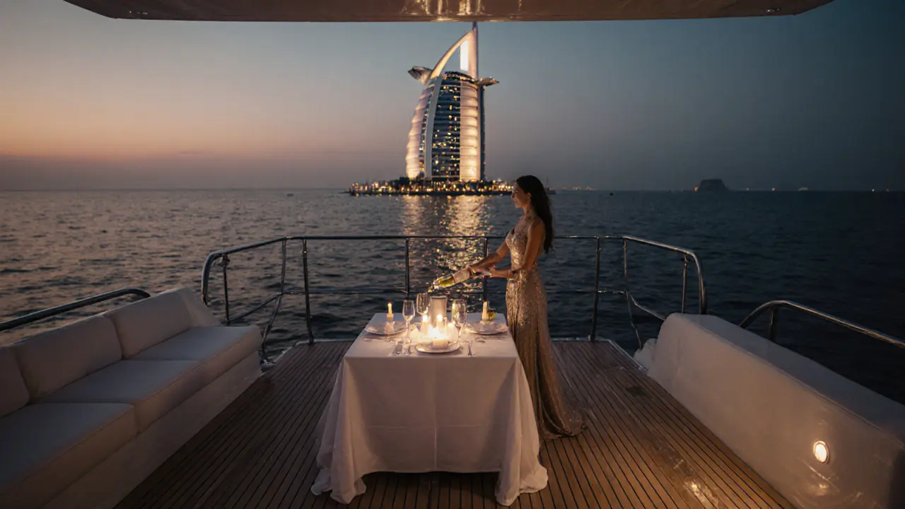 Elegant yacht deck at twilight with a companion serving champagne beside a candlelit table.
