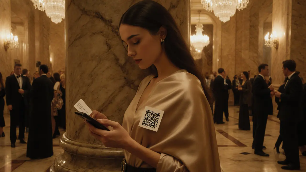 Escort checking personal alarm and phone in a luxurious hotel lobby.