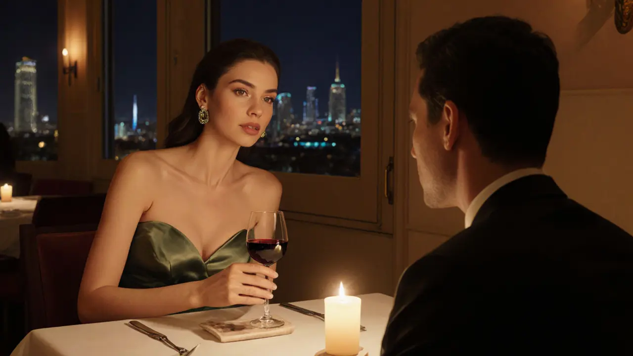 Escort in silk dress sharing a heartfelt conversation over dinner in a luxe restaurant.