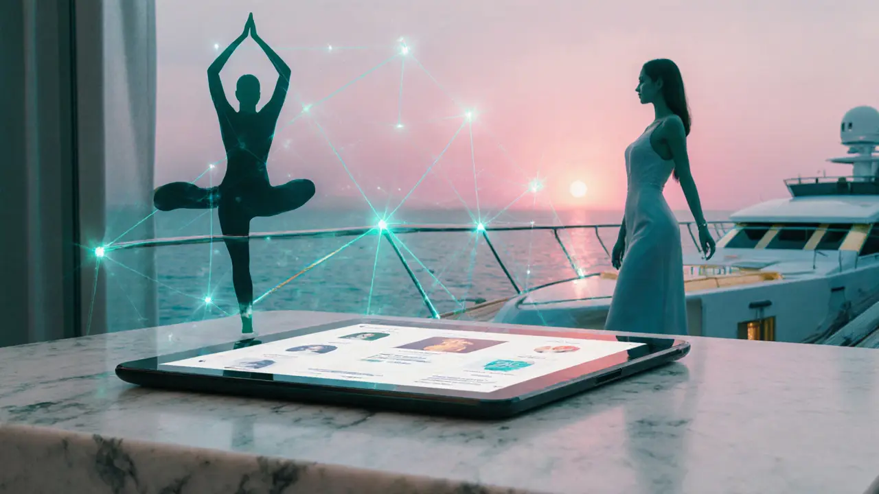 Futuristic scene of AI matchmaking, yoga, and a private yacht with a stylish escort.