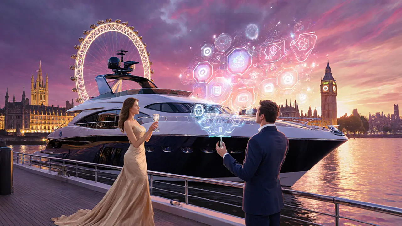 Futuristic yacht scene with holographic AI matchmaking and elegant companion.