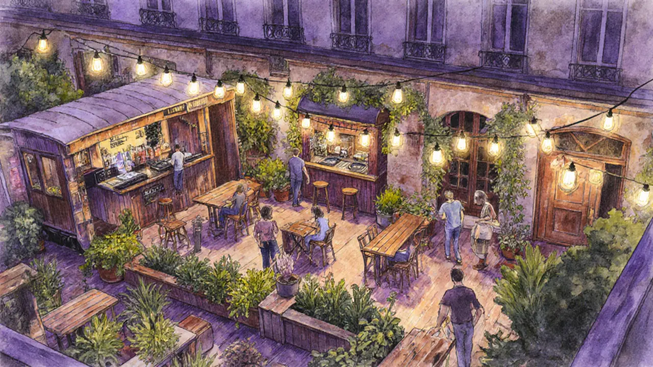 Garden terrace of an eco‑bar in a repurposed railway station with people enjoying drinks.