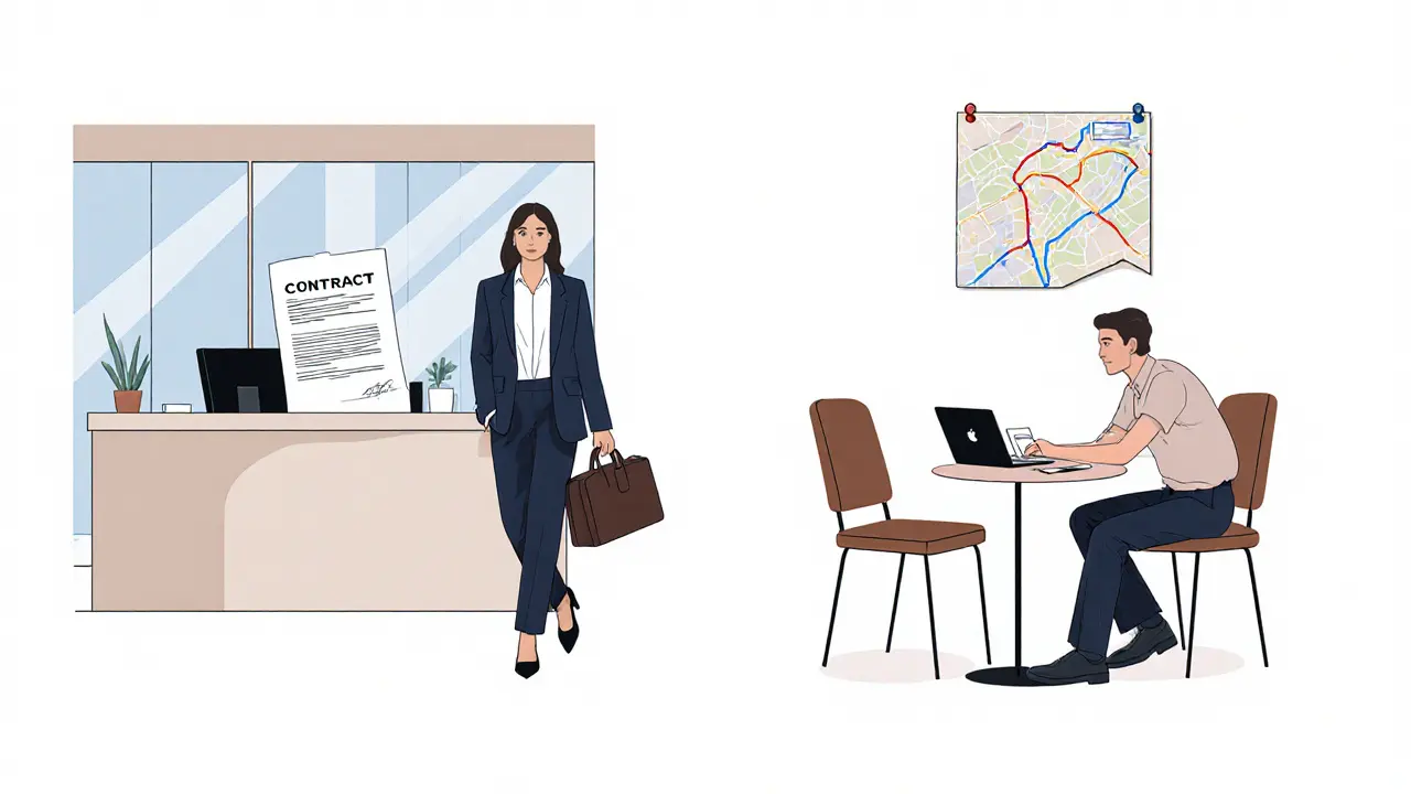 Illustration comparing agency escort with contracts to independent flexible setup.