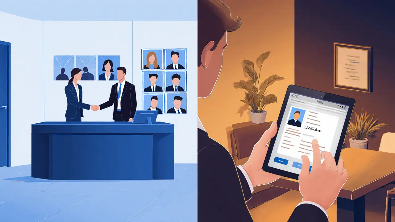 Illustration showing an agency office with a handshake and a discreet café meeting beside it.