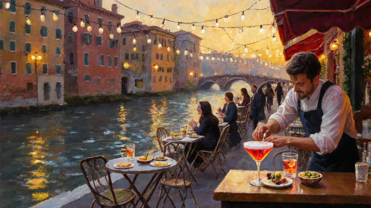 Impressionist scene of Navigli canal with outdoor tables, cocktails, and string lights.