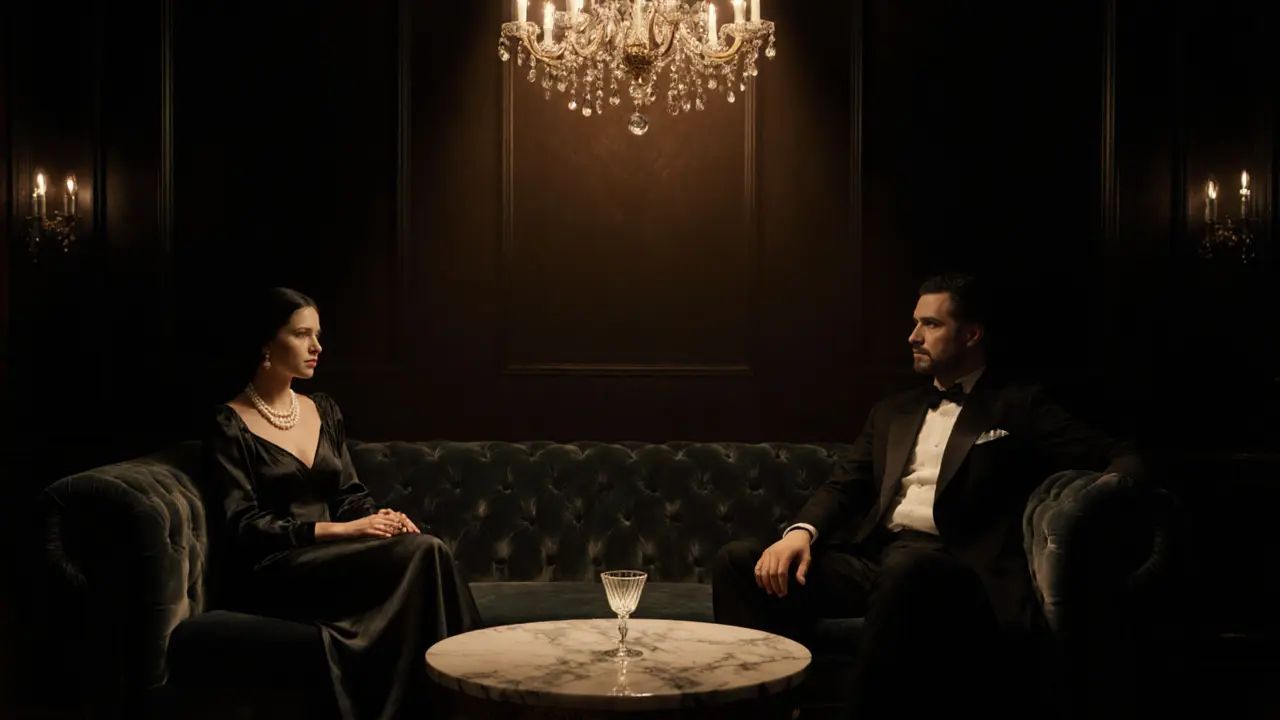 Luxurious hotel lounge with a sophisticated woman and man in conversation.