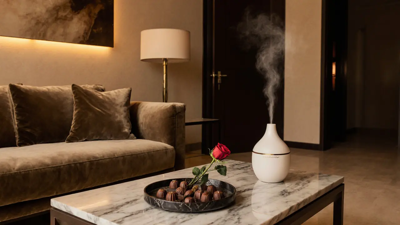 Luxurious hotel suite interior with soft lighting, diffuser and chocolates on a tray.