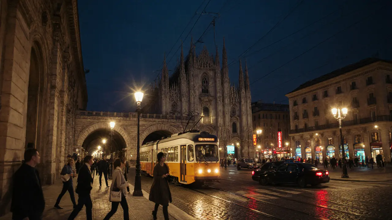 Milan night scene with metro, tram, taxi and pedestrians under streetlights.