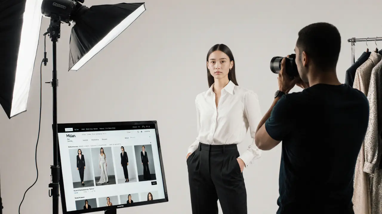 Model posing in studio with photographer, showcasing outfits for a professional profile.