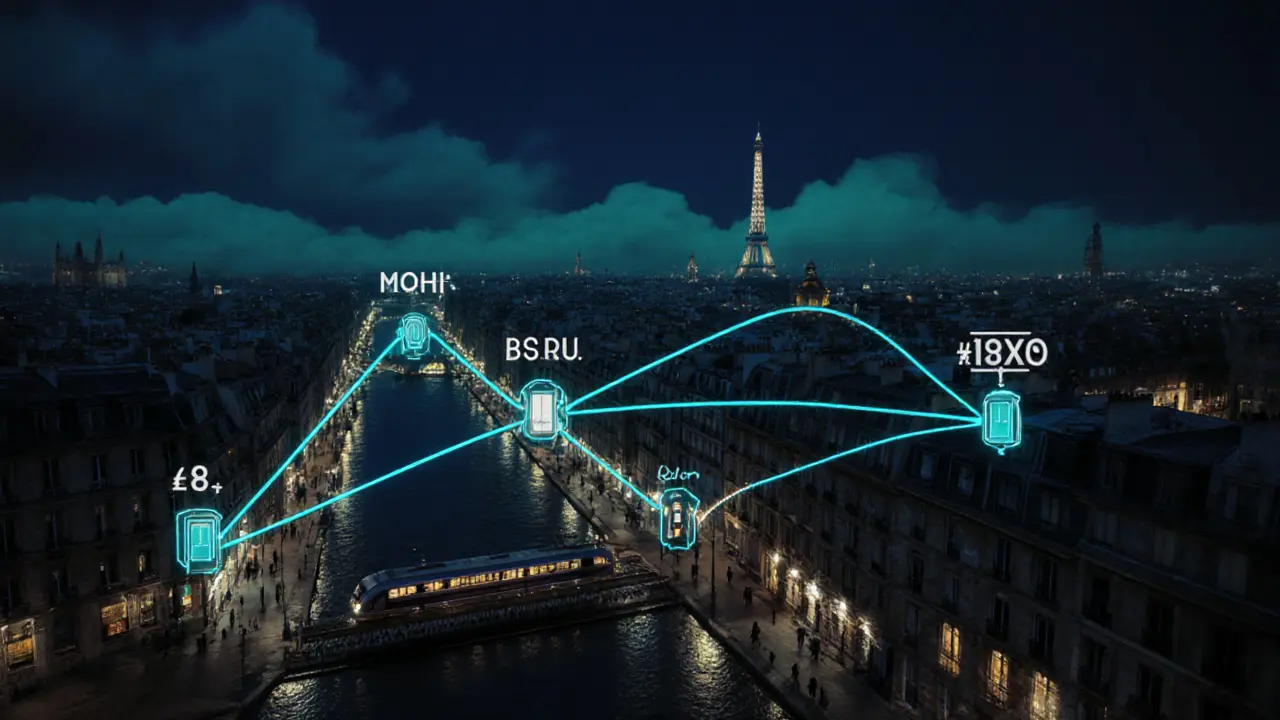 Nighttime Paris streets with illuminated lines linking hidden clubs and bustling crowds.
