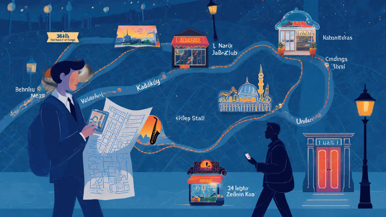 Nighttime street map showing a traveler's itinerary through Istanbul nightlife spots.