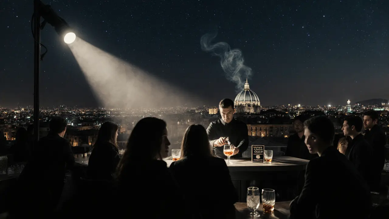 Rooftop view of Milan at night with glowing Duomo and quiet crowd in minimalist black attire.