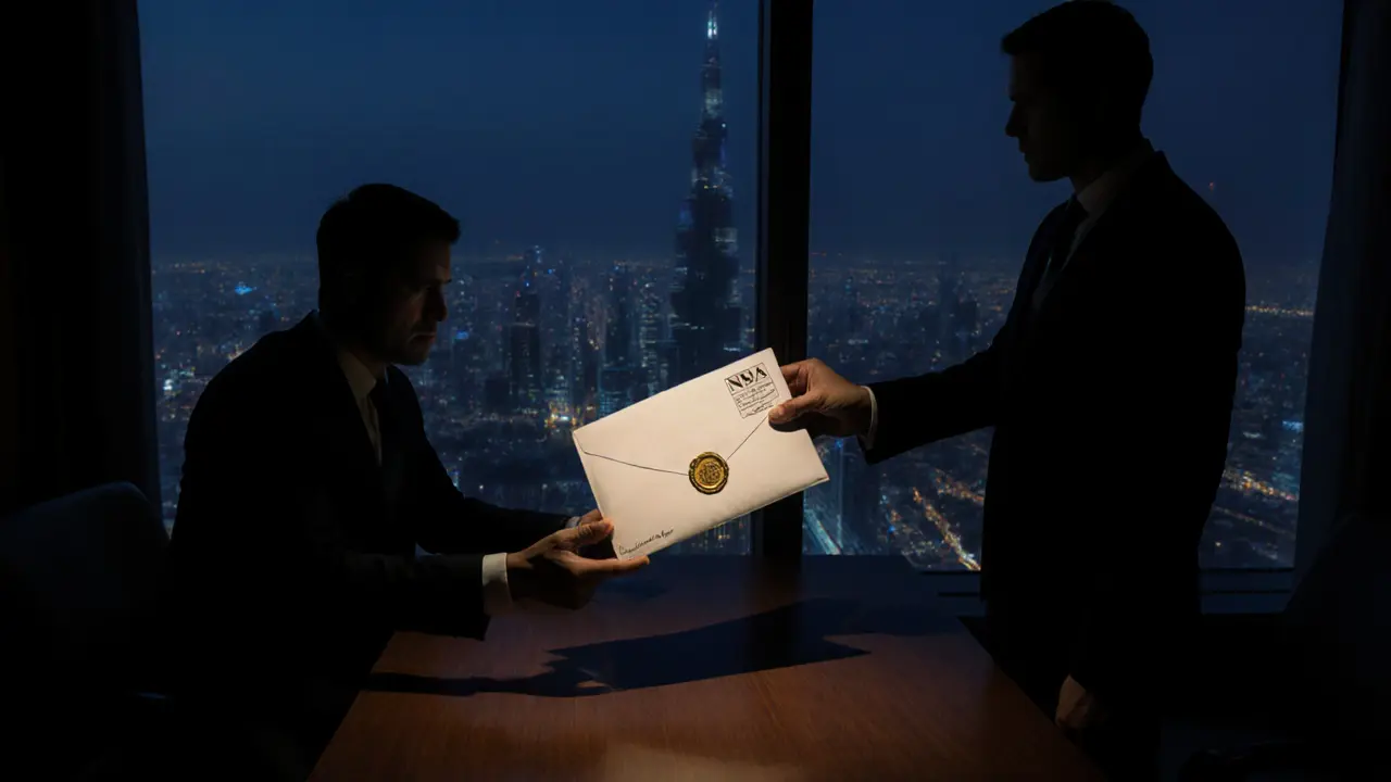 Sealed NDA envelope being handed in a dimly lit private suite of the Burj Khalifa lounge, emphasizing confidentiality.