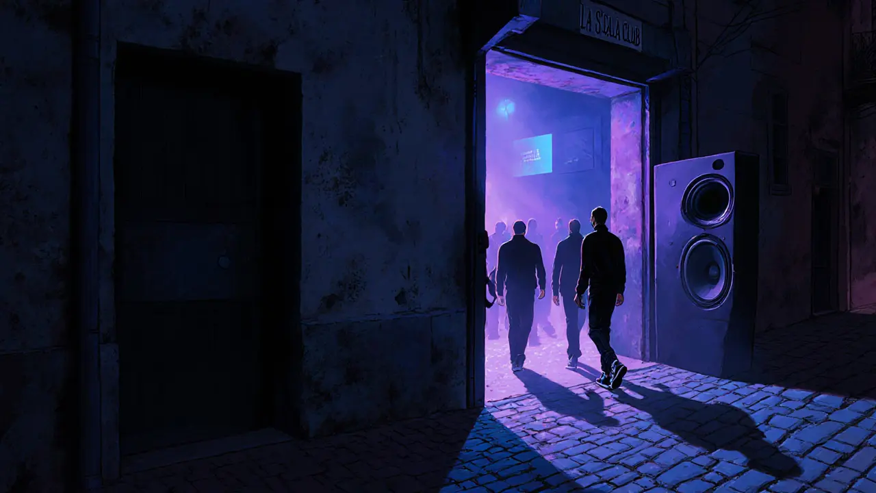 Silhouettes entering a hidden underground club with industrial speakers and moody neon glow.