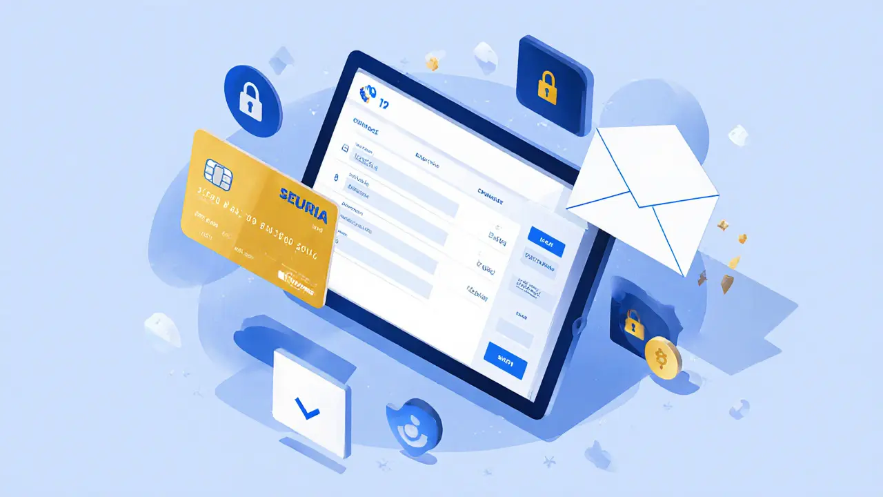 Stylized illustration of a secure booking app, virtual card and encrypted icons representing privacy.