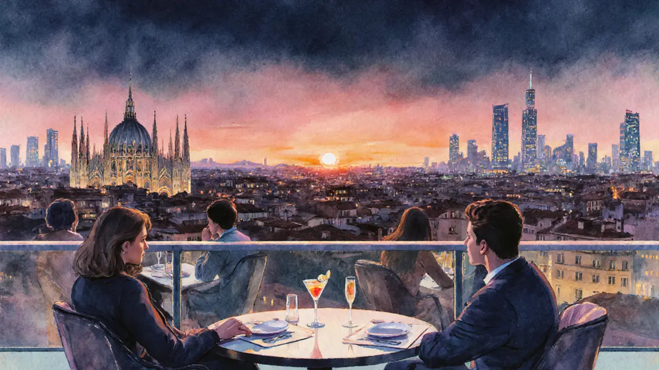 Sunset rooftop scene at Ceresio 7 with cocktails and city skyline.