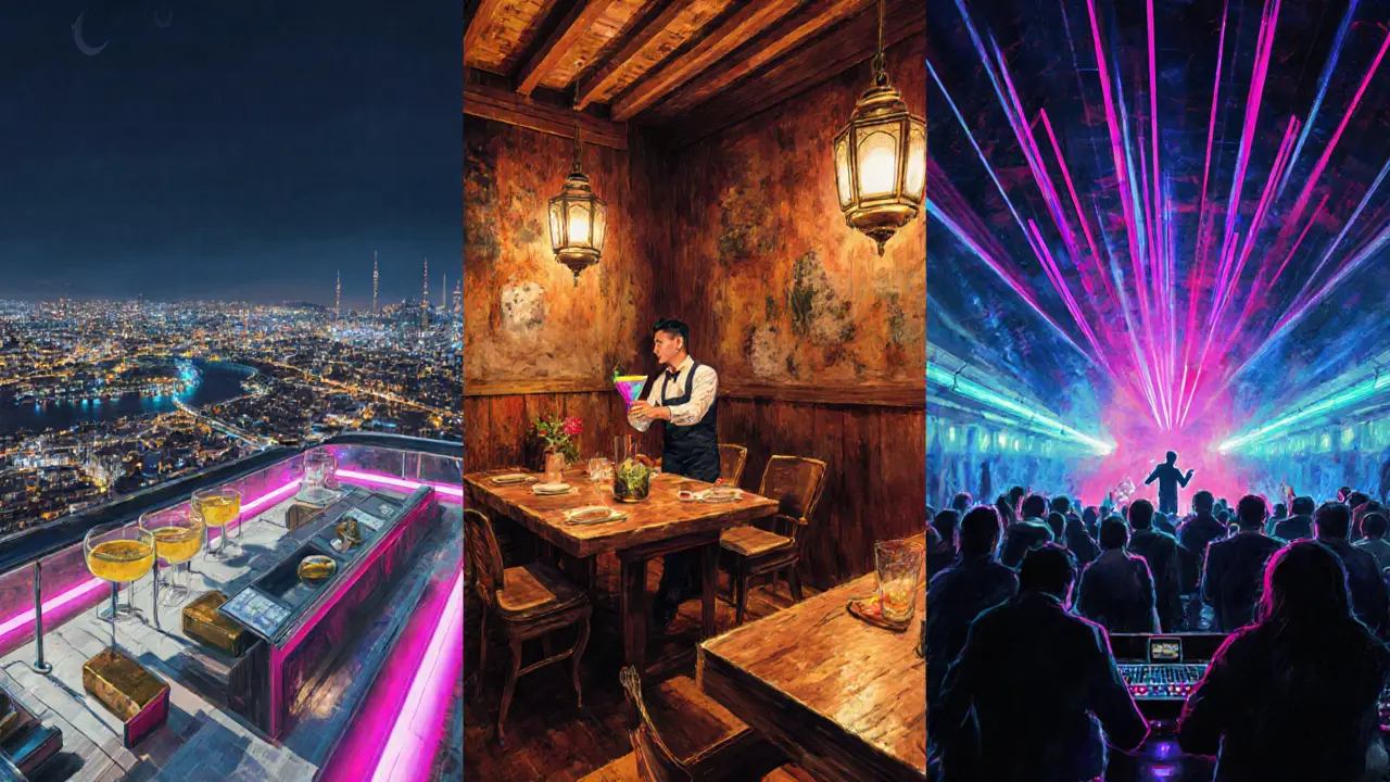 Three-panel illustration of a rooftop bar, a rustic meyhane, and a neon nightclub.
