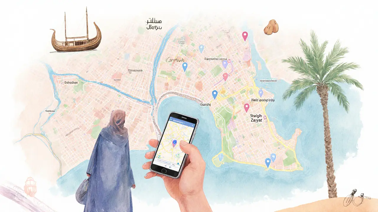 Traveler checking live location on phone with Abu Dhabi map and cultural icons.