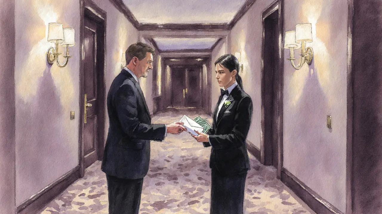 Watercolor scene of a gentleman handing a cash envelope to an escort in a hotel corridor.