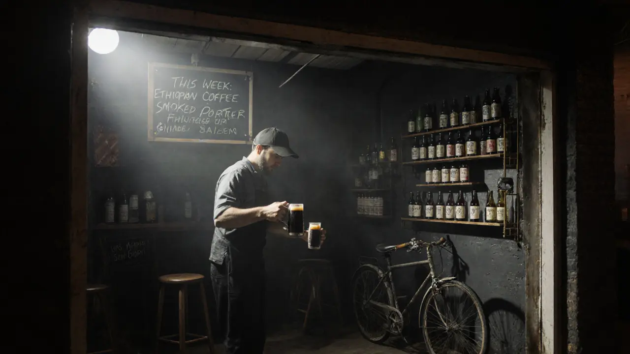 Yard Sale Beer garage bar with chalkboard announcing a unique smoked porter on tap.