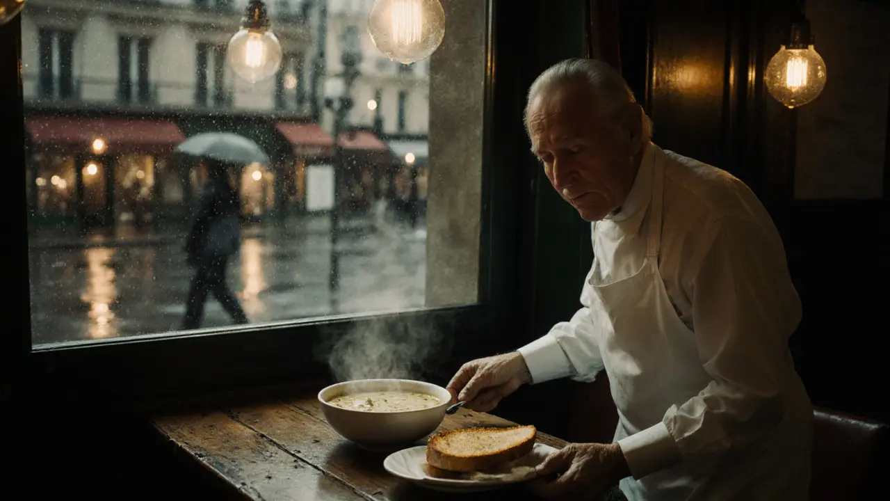 A 24-hour bistro at 4 AM serving steaming soup and croque-monsieur under warm lights, rain reflecting outside the window.