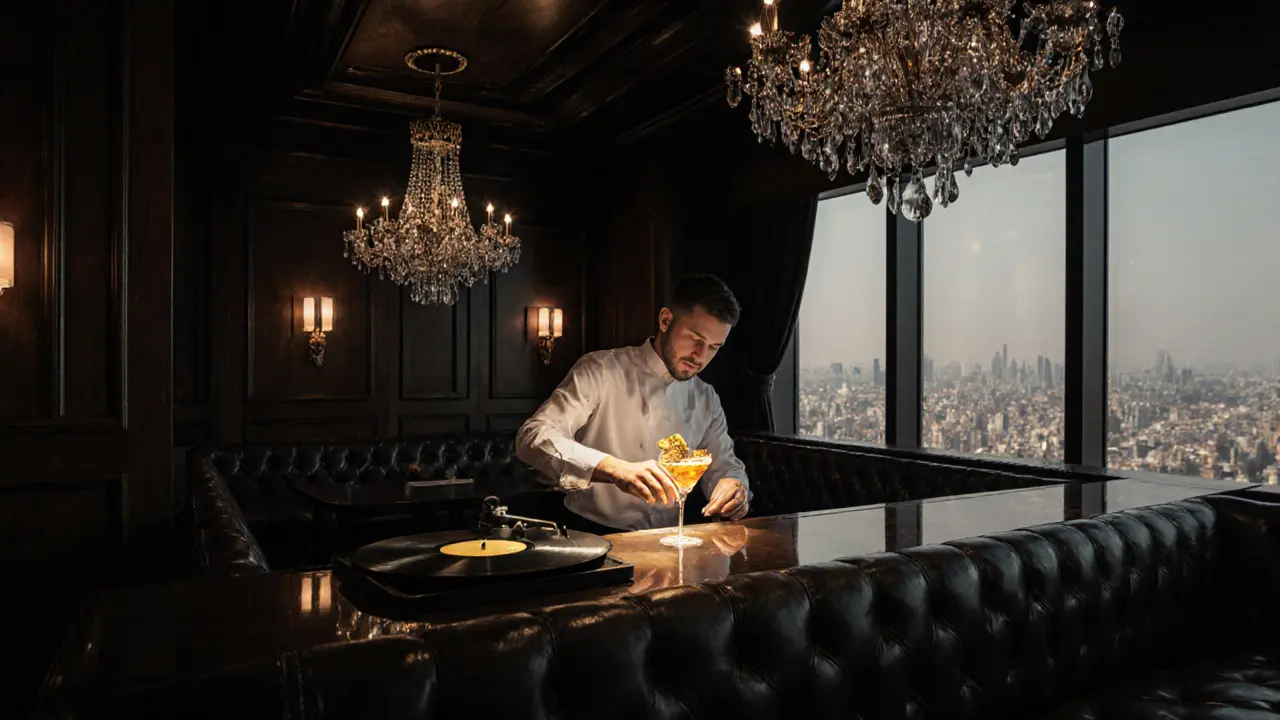 A bartender crafting an extravagant golden cocktail under crystal chandeliers in a private rooftop club at night.