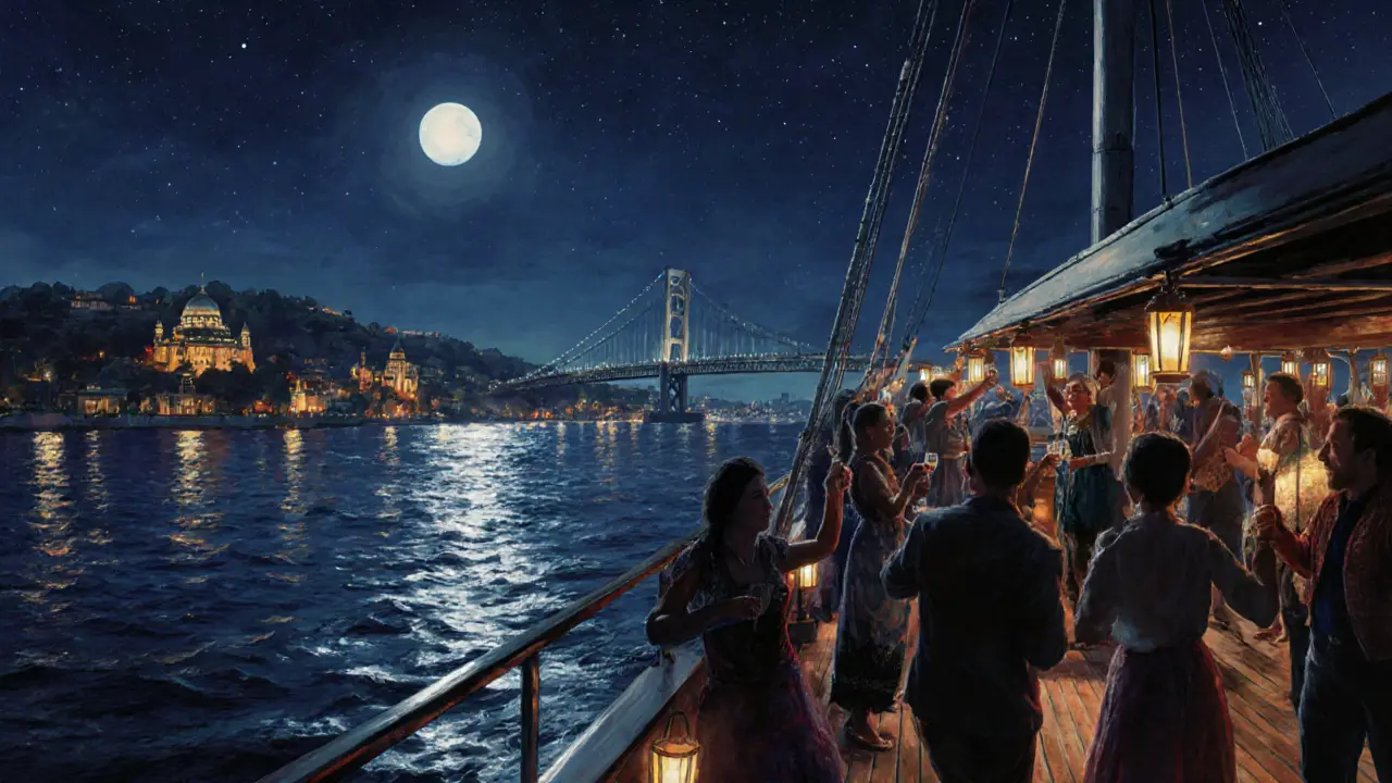 A boat party on the Bosphorus at night with guests dancing under stars and bridge lights.