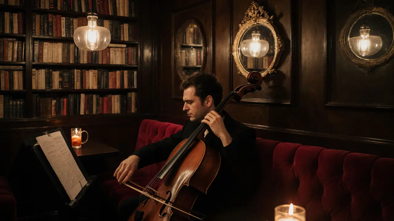 A cellist performing in a dimly lit hidden venue as a listener enjoys a cocktail in a red velvet booth.