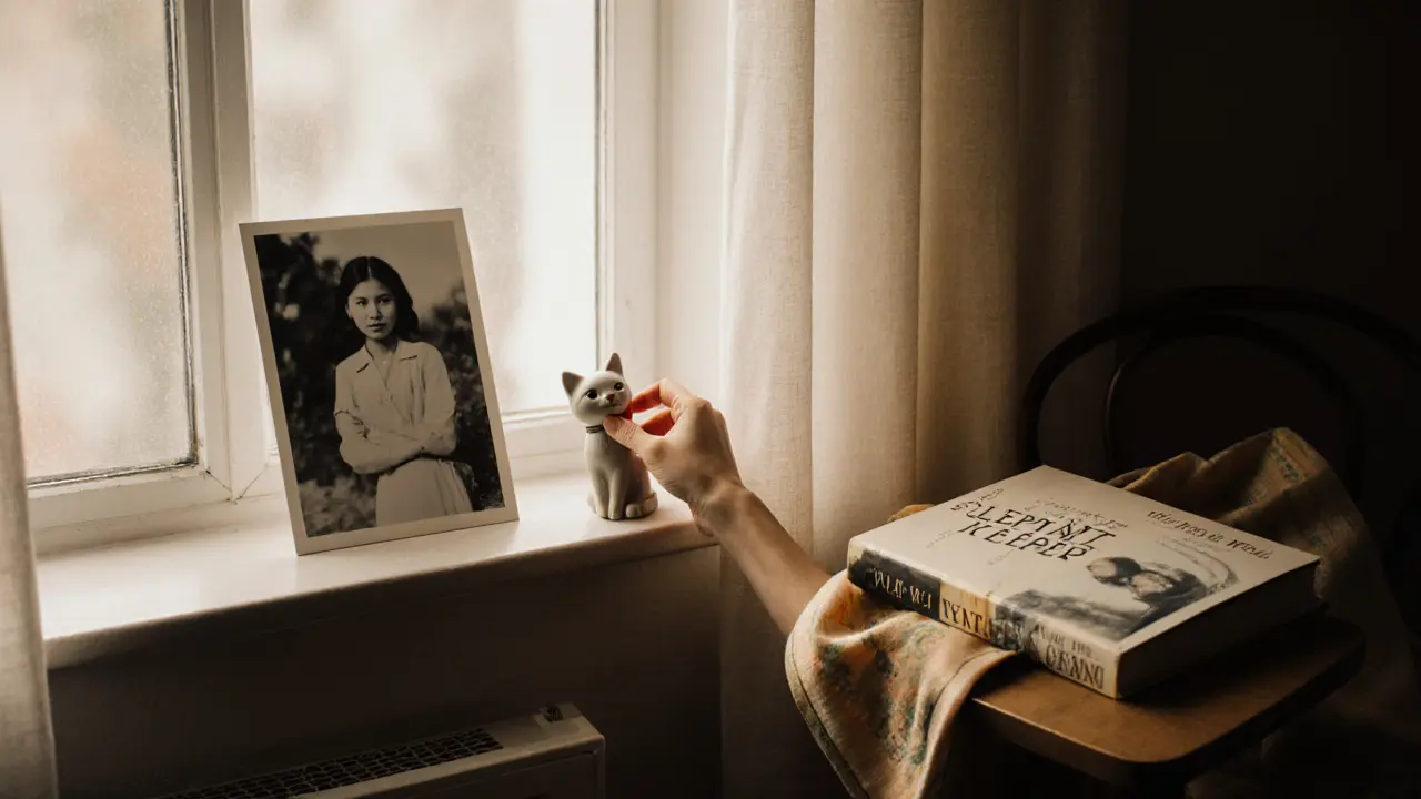 A ceramic cat figurine and book on a windowsill with a photo of Vietnam, symbolizing personal connection.
