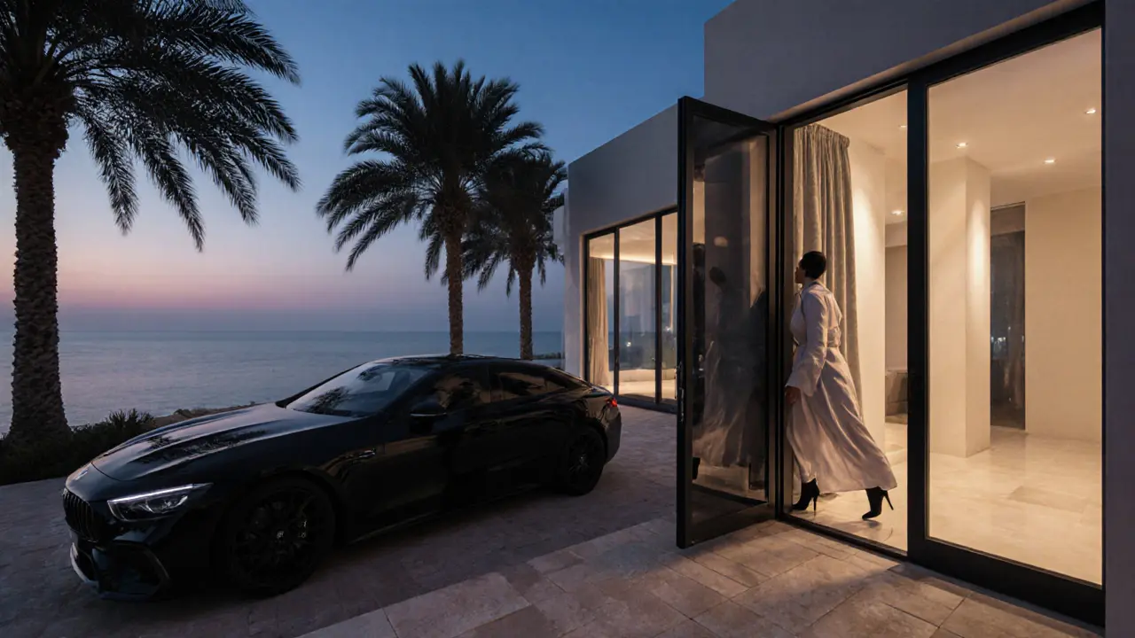 A discreet arrival at a luxury villa on Saadiyat Island at twilight.