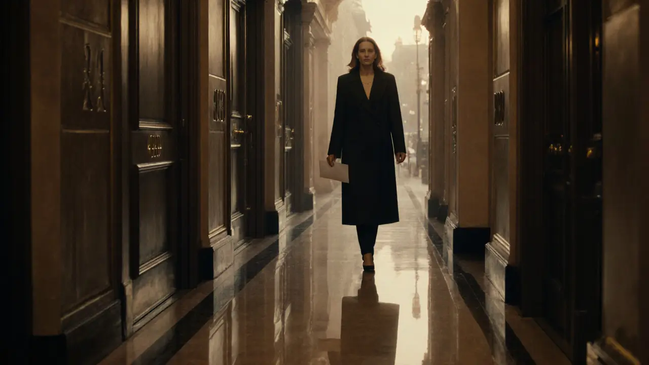 A discreet woman walking down a quiet hotel corridor in Mayfair.