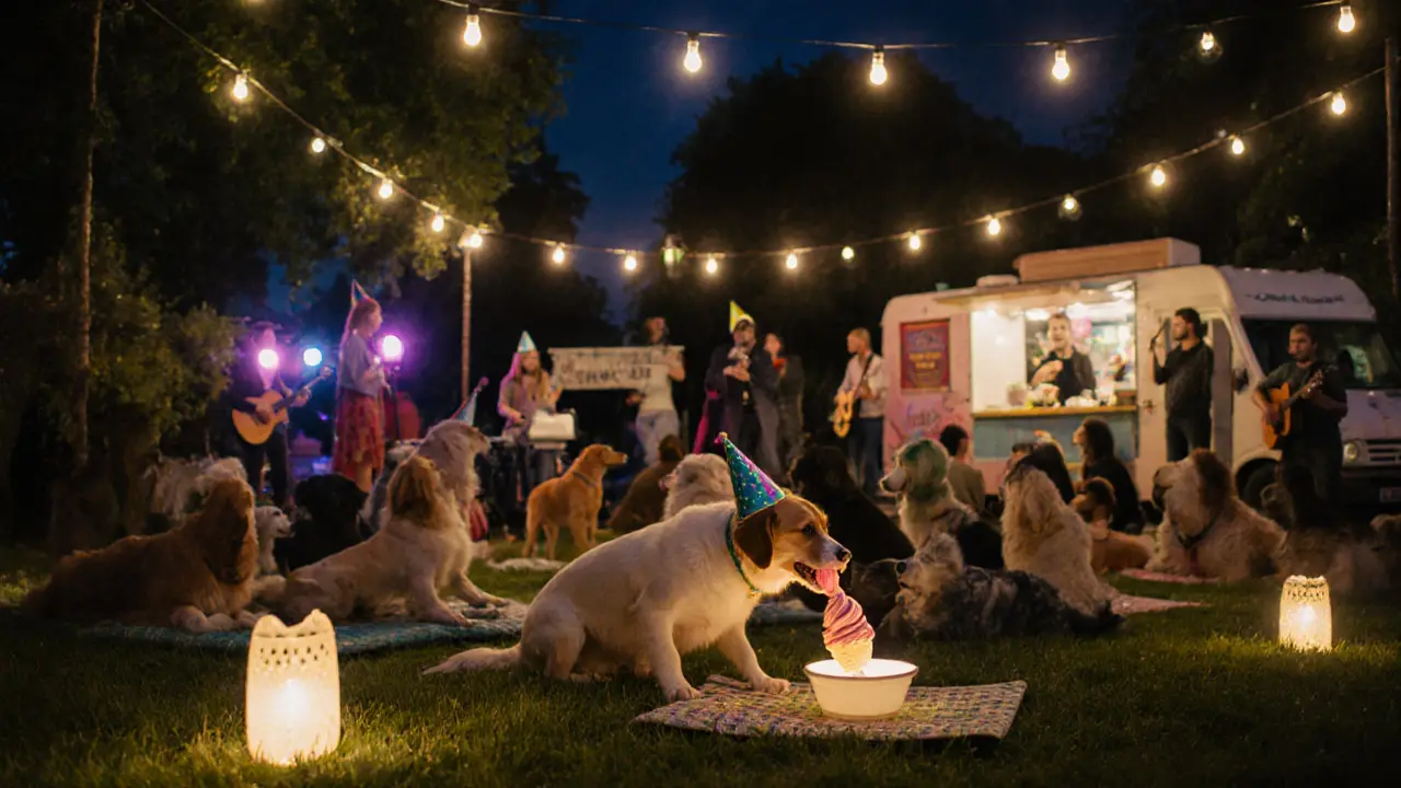 A dog licking ice cream at a nighttime pop-up garden party with fairy lights.